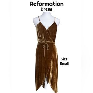 Reformation Gold Velvet Spaghetti Strap Wrap MIDI Dress